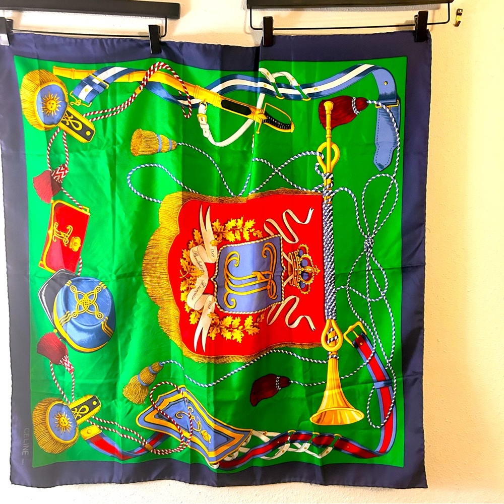 Celine Paris 100% Silk Scarf French Revolution Motif. Navy Red Green EUC